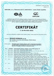 Certifikát č. SJ-PK-033-2022 potvrzující způsobilost k zajištění kvality Systému jakosti v oboru pozemních komunikací.